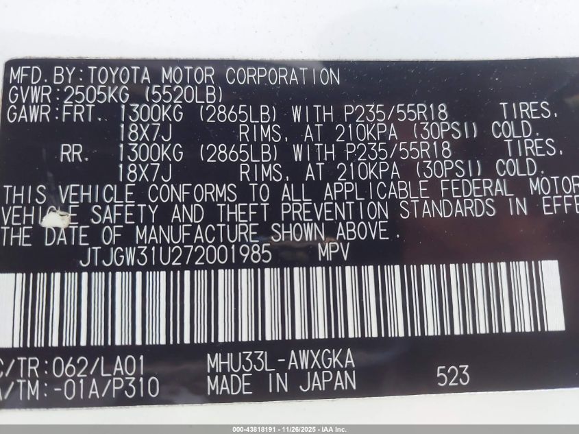 2007 Lexus Rx 400H VIN: JTJGW31U272001985 Lot: 43818191