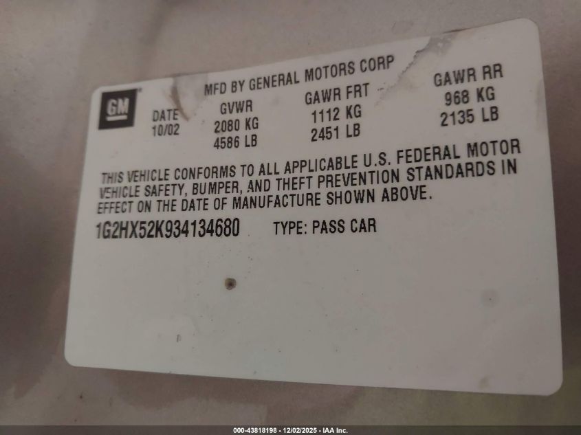 2003 Pontiac Bonneville Se VIN: 1G2HX52K934134680 Lot: 43818198