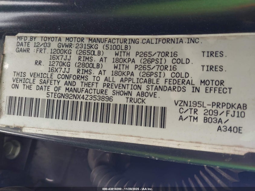 2004 Toyota Tacoma Prerunner V6 VIN: 5TEGN92NX4Z353896 Lot: 43818200