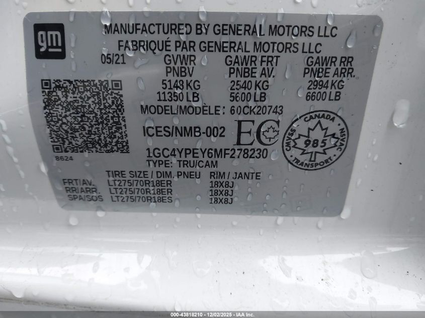 2021 Chevrolet Silverado 2500Hd 4Wd Long Bed Ltz/4Wd Standard Bed Ltz VIN: 1GC4YPEY6MF278230 Lot: 43818210