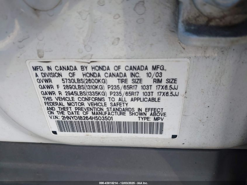 2004 Acura Mdx VIN: 2HNYD18264H503501 Lot: 43818214