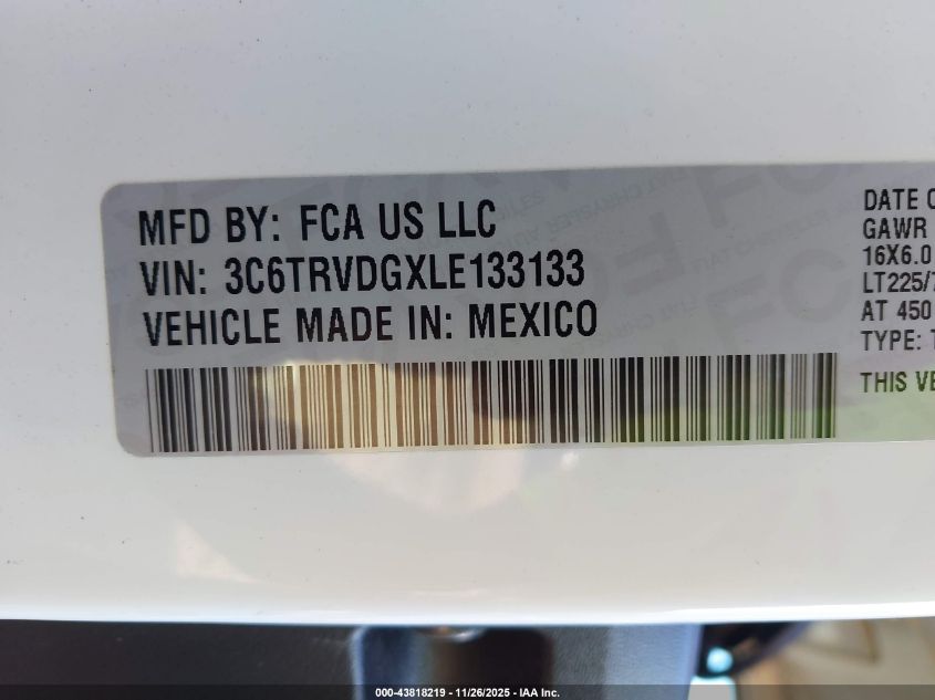 2020 Ram Promaster 2500 High Roof 159 Wb VIN: 3C6TRVDGXLE133133 Lot: 43818219