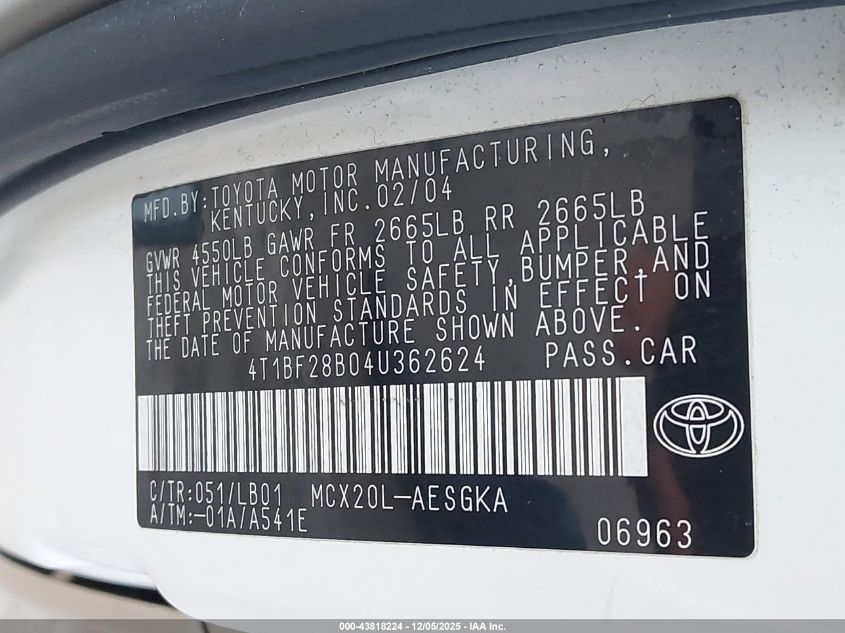 2004 Toyota Avalon Xls VIN: 4T1BF28B04U362624 Lot: 43818224