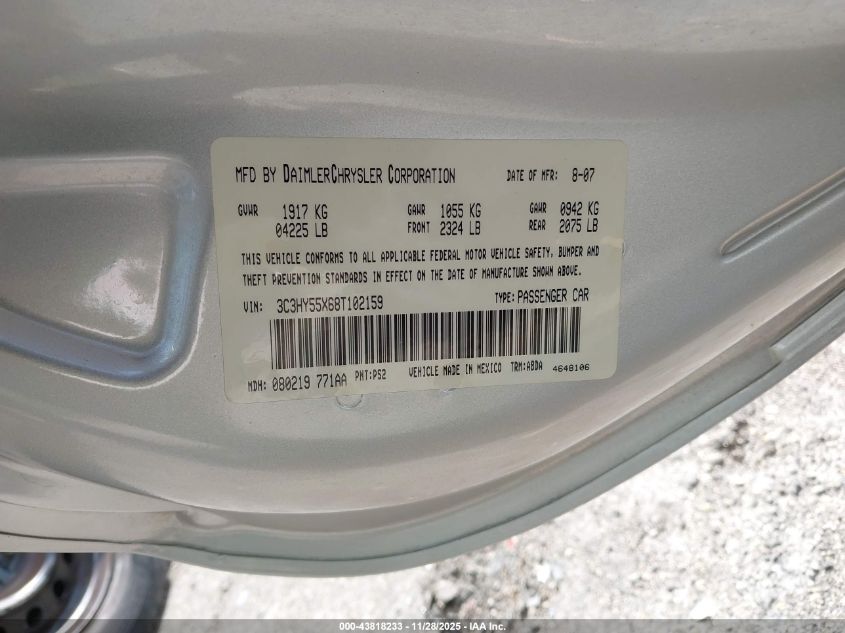 2008 Chrysler Pt Cruiser Touring VIN: 3C3HY55X68T102159 Lot: 43818233