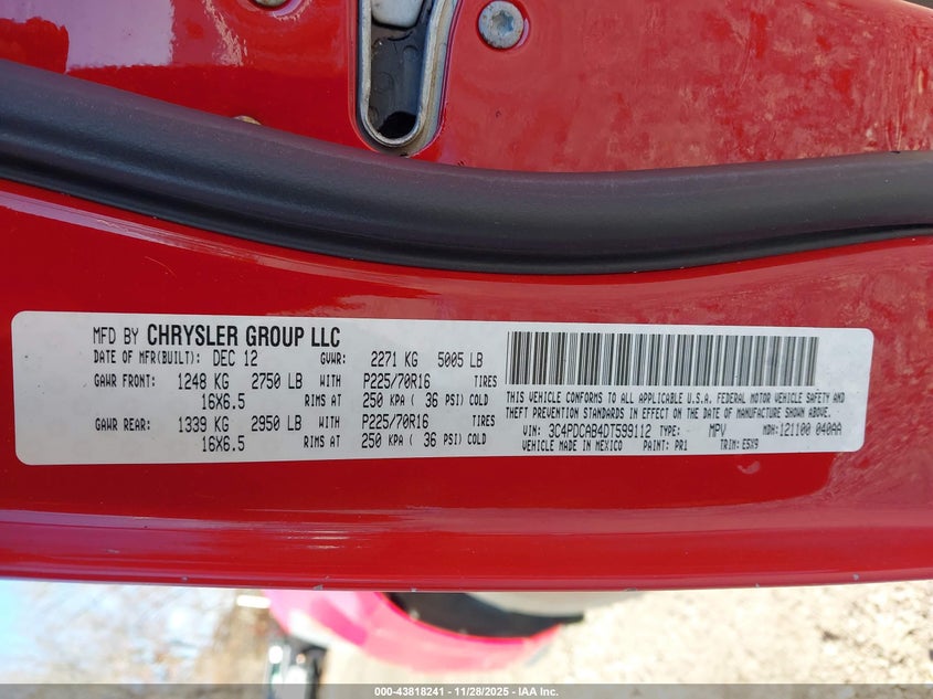 2013 Dodge Journey American Value Pkg VIN: 3C4PDCAB4DT599112 Lot: 43818241