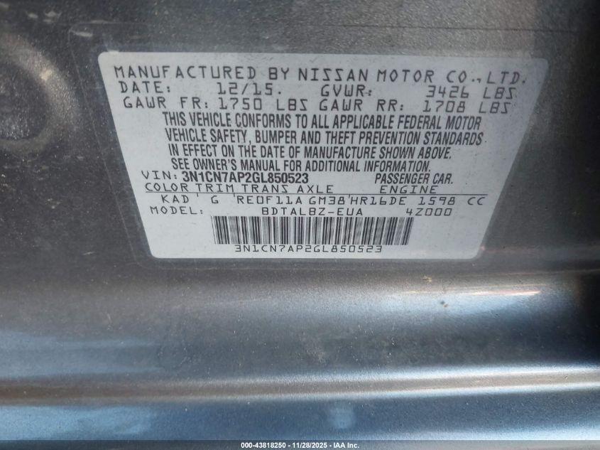 2016 Nissan Versa 1.6 S/1.6 S+/1.6 Sl/1.6 Sv VIN: 3N1CN7AP2GL850523 Lot: 43818250