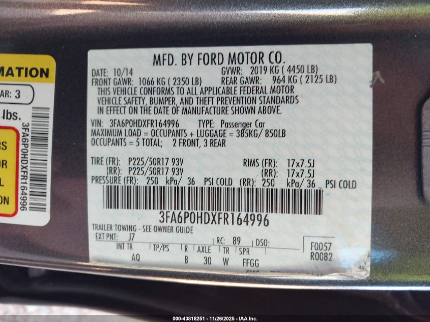 2015 Ford Fusion Se VIN: 3FA6P0HDXFR164996 Lot: 43818251