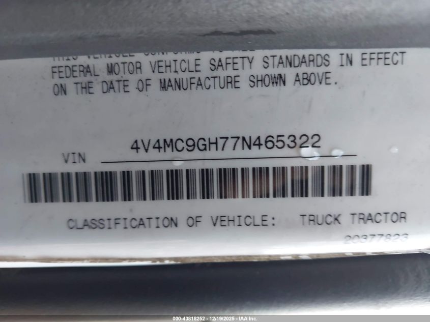 2007 Volvo Vn Vnm VIN: 4V4MC9GH77N465322 Lot: 43818252