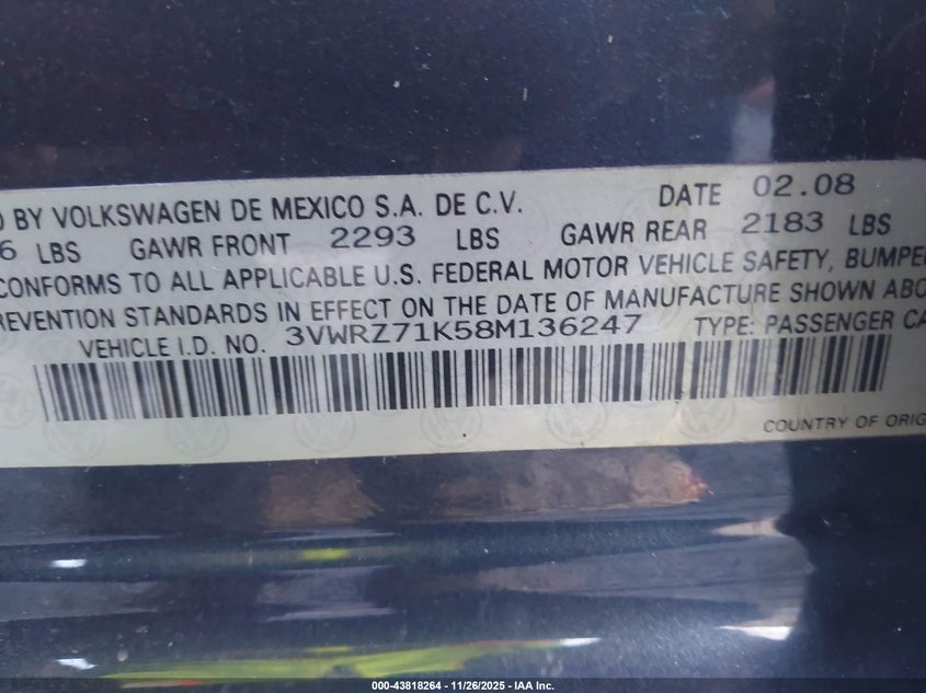 2008 Volkswagen Jetta Se VIN: 3VWRZ71K58M136247 Lot: 43818264