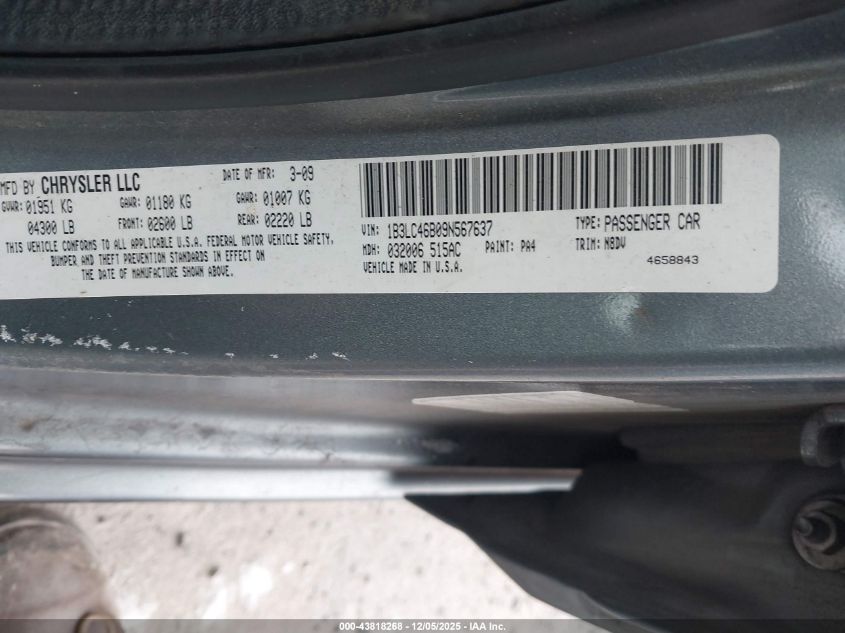 2009 Dodge Avenger Se/Sxt VIN: 1B3LC46B09N567637 Lot: 43818268