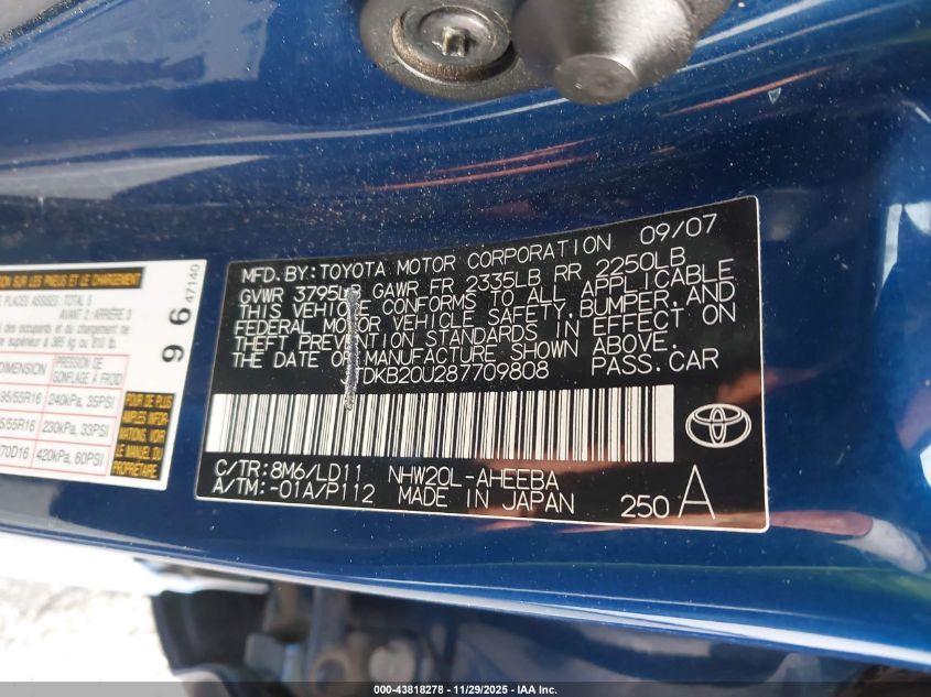 2008 Toyota Prius Touring VIN: JTDKB20U287709808 Lot: 43818278