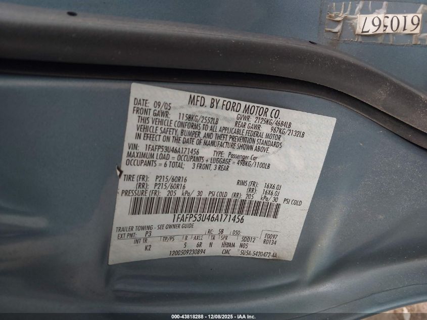 2006 Ford Taurus Se VIN: 1FAFP53U46A171456 Lot: 43818288