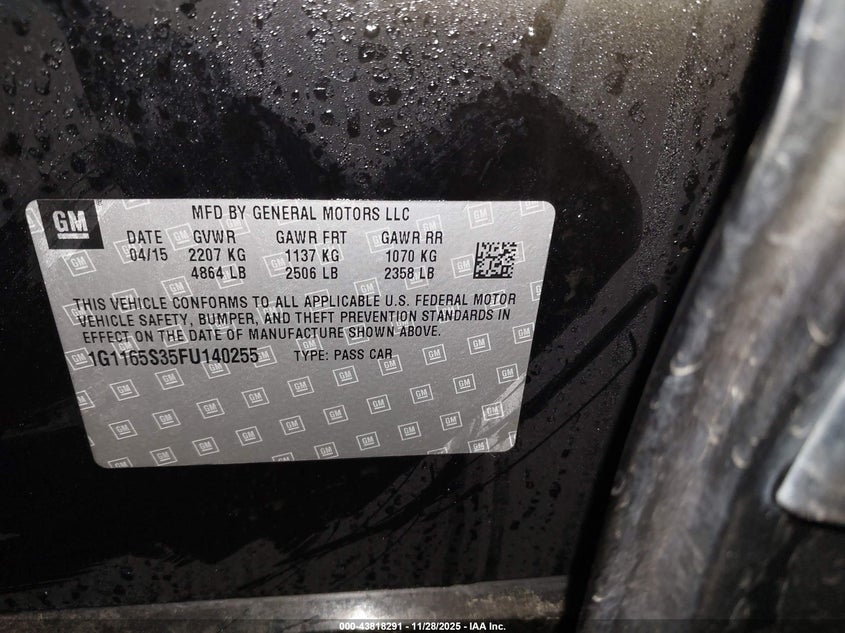 2015 Chevrolet Impala 2Lz VIN: 1G1165S35FU140255 Lot: 43818291