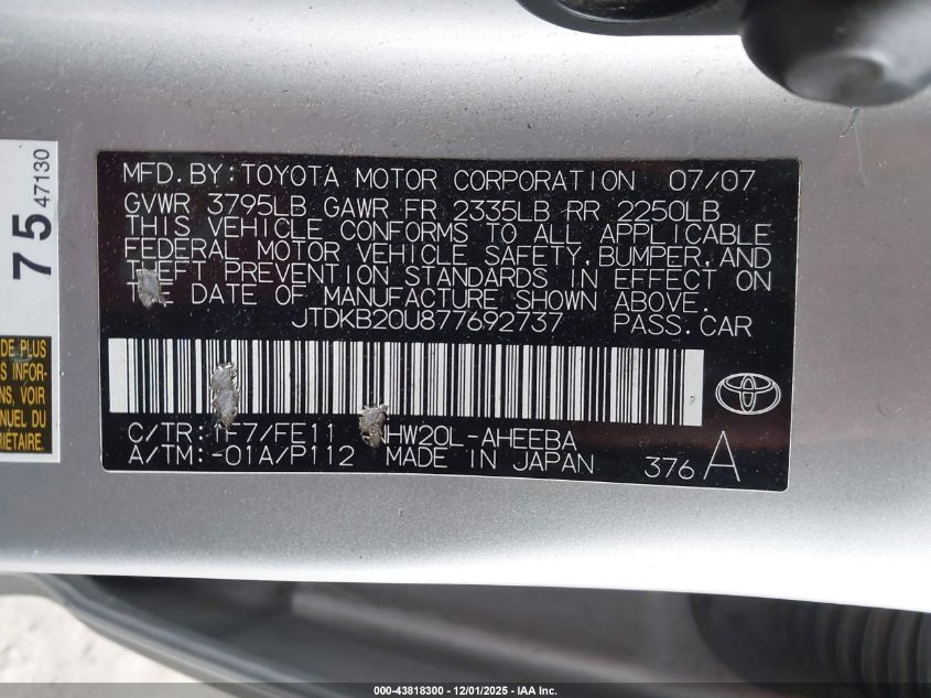 2007 Toyota Prius VIN: JTDKB20U877692737 Lot: 43818300