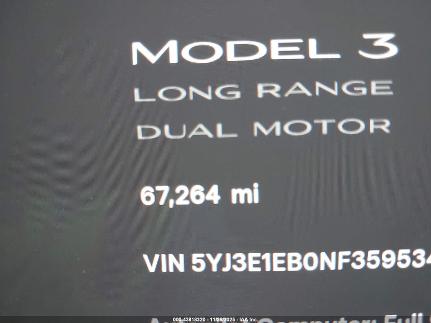 2022 Tesla Model 3 Long Range Dual Motor All-Wheel Drive VIN: 5YJ3E1EB0NF359534 Lot: 43818320