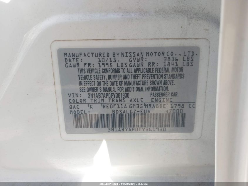 2015 Nissan Sentra Sl VIN: 3N1AB7AP0FY361930 Lot: 43818324