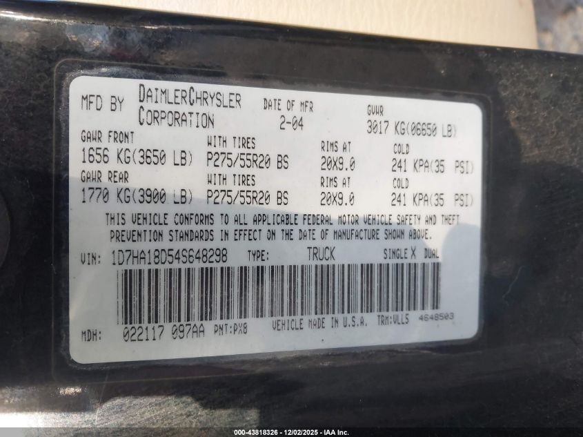 2004 Dodge Ram 1500 Slt/Laramie VIN: 1D7HA18D54S648298 Lot: 43818326