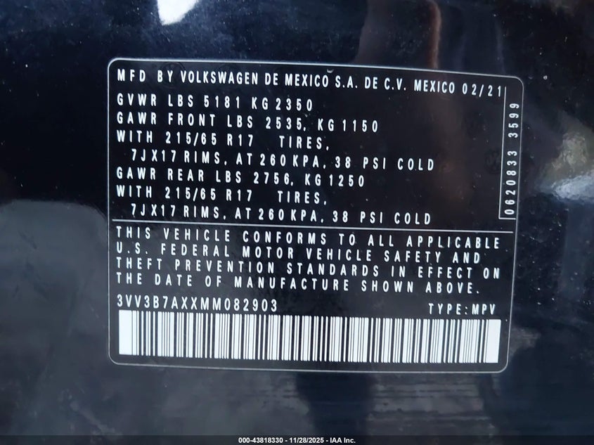 2021 Volkswagen Tiguan 2.0T Se/2.0T Se R-Line Black/2.0T Sel VIN: 3VV3B7AXXMM082903 Lot: 43818330
