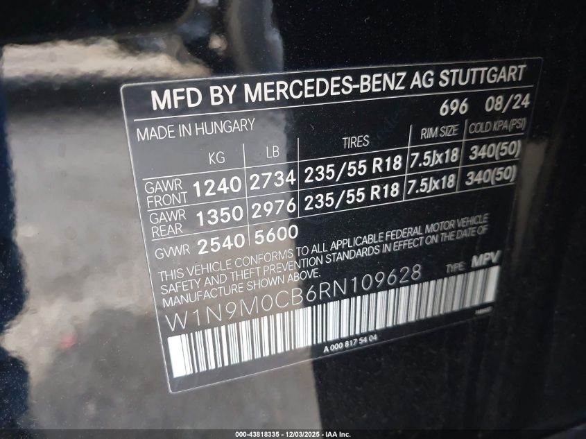 2024 Mercedes-Benz Eqb 250 Suv VIN: W1N9M0CB6RN109628 Lot: 43818335