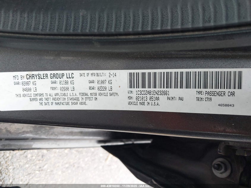 2014 Dodge Avenger Se VIN: 1C3CDZAB1EN232661 Lot: 43818350