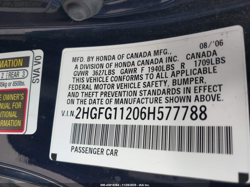 2006 Honda Civic Dx VIN: 2HGFG11206H577788 Lot: 43818364