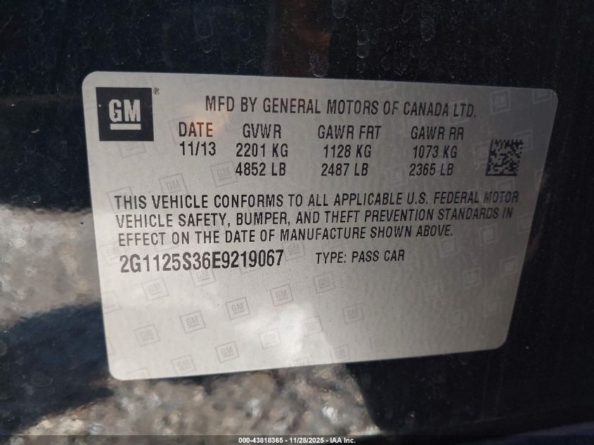 2014 Chevrolet Impala 2Lt VIN: 2G1125S36E9219067 Lot: 43818365
