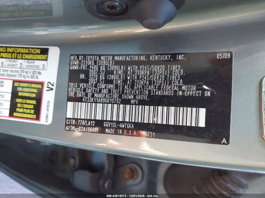 2009 Toyota Venza Base V6 VIN: 4T3ZK11A99U010792 Lot: 43818373
