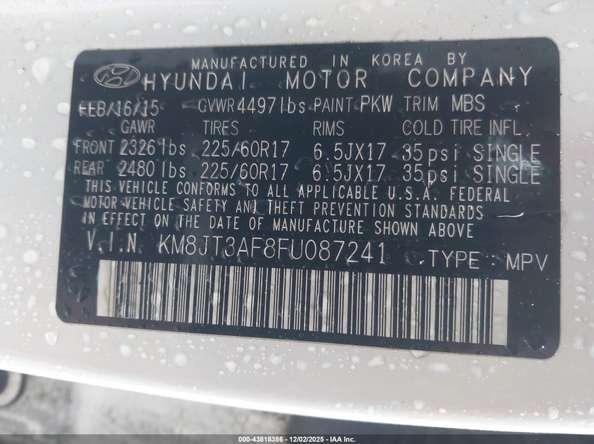 KM8JT3AF8FU087241 2015 HYUNDAI TUCSON photo no. 9