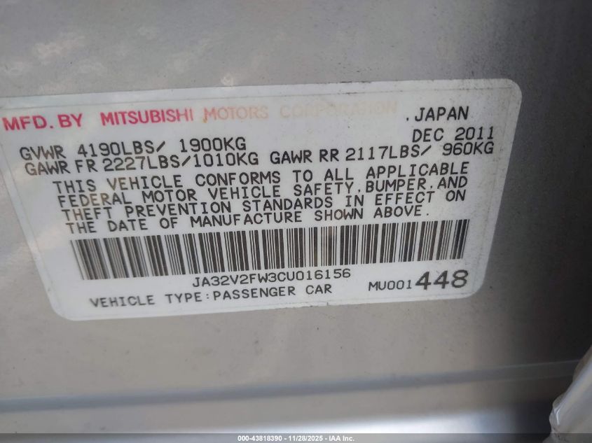 2012 Mitsubishi Lancer Se VIN: JA32V2FW3CU016156 Lot: 43818390