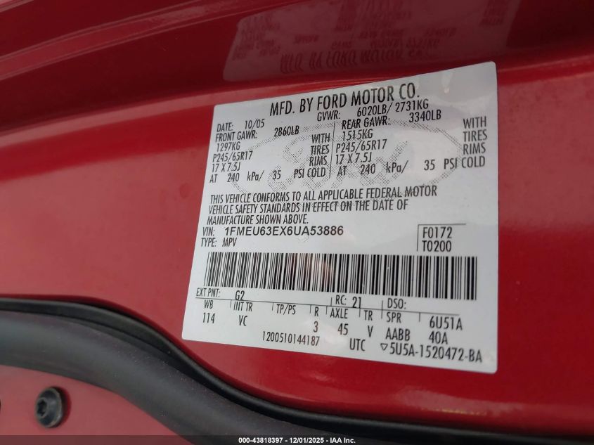 2006 Ford Explorer Xlt VIN: 1FMEU63EX6UA53886 Lot: 43818397