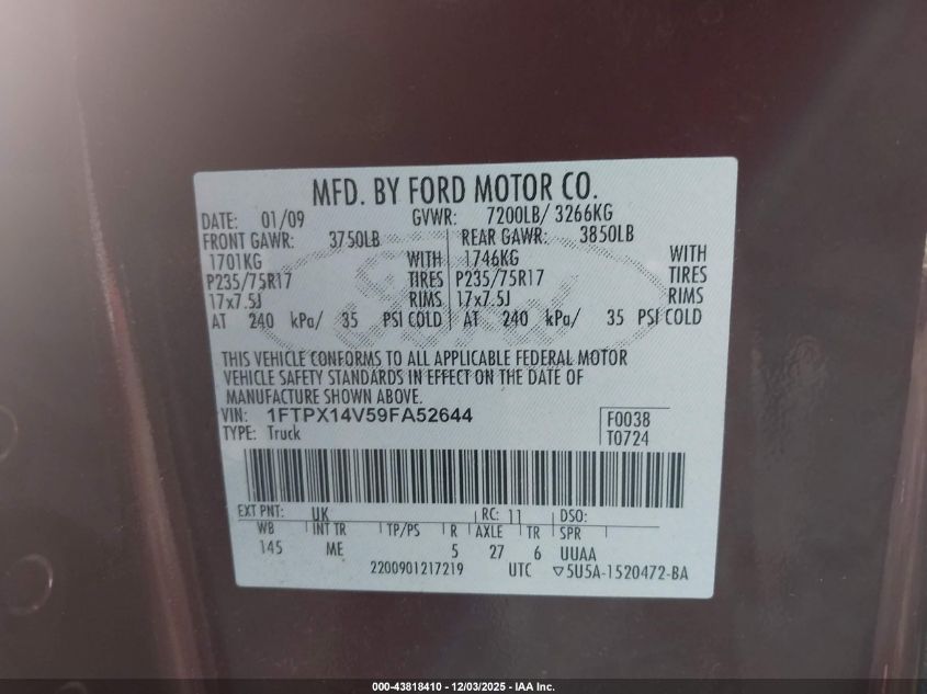 2009 Ford F-150 Fx4/Lariat/Xl/Xlt VIN: 1FTPX14V59FA52644 Lot: 43818410