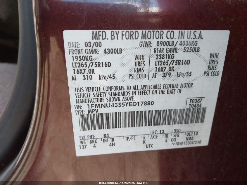 2000 Ford Excursion Limited VIN: 1FMNU43S5YED17880 Lot: 43818414