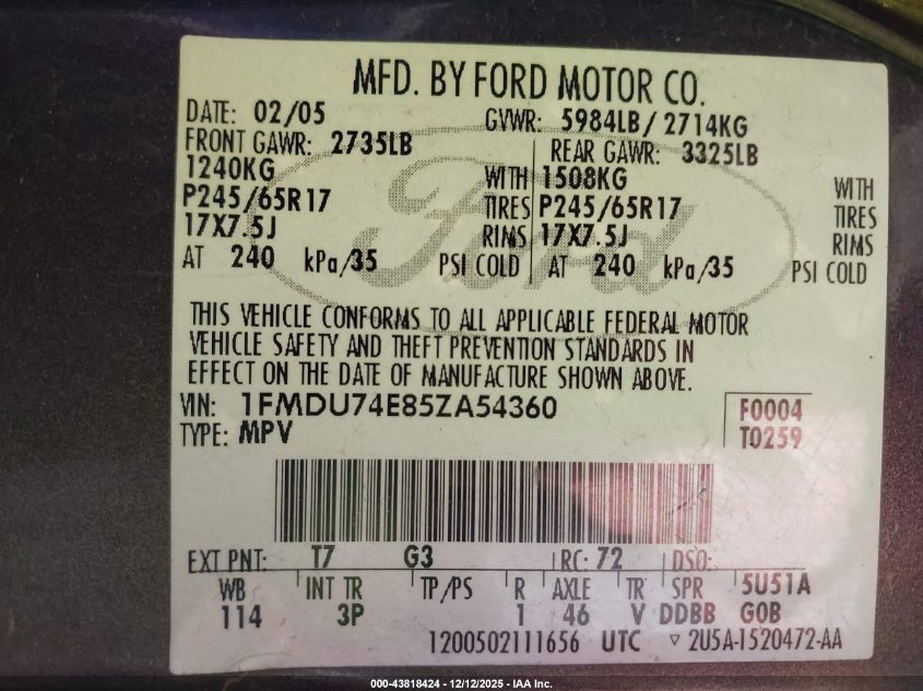 2005 Ford Explorer Eddie Bauer VIN: 1FMDU74E85ZA54360 Lot: 43818424