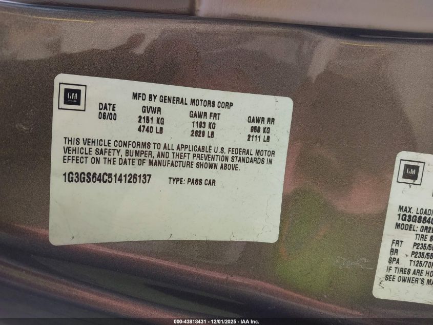 2001 Oldsmobile Aurora 4.0 VIN: 1G3GS64C514126137 Lot: 43818431