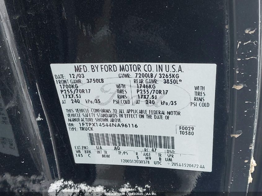2004 Ford F-150 Fx4/Lariat/Xl/Xlt VIN: 1FTPX14544NA96116 Lot: 43818439