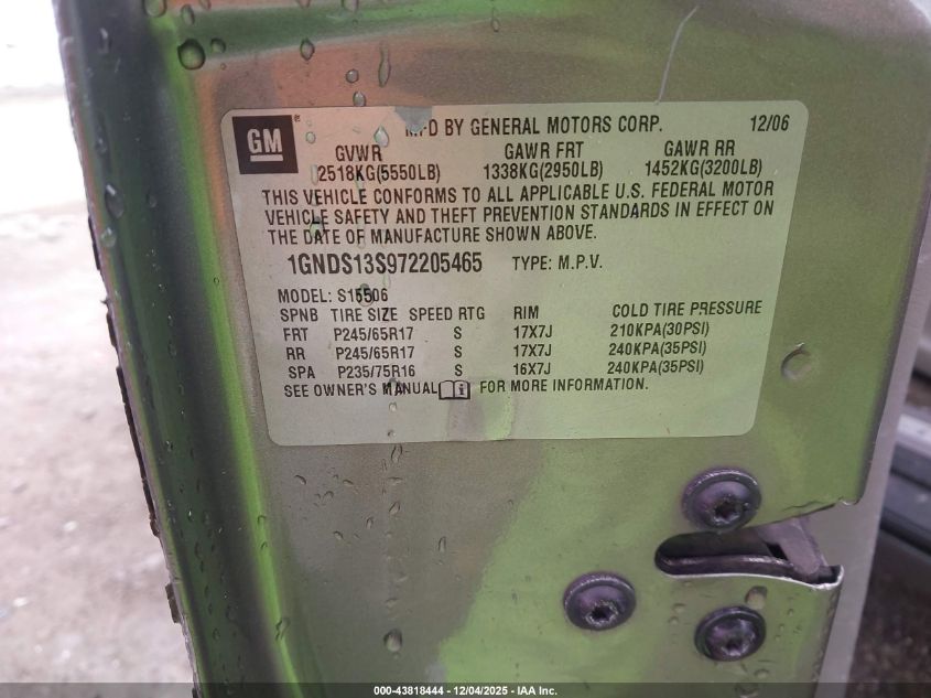 2007 Chevrolet Trailblazer Ls VIN: 1GNDS13S972205465 Lot: 43818444
