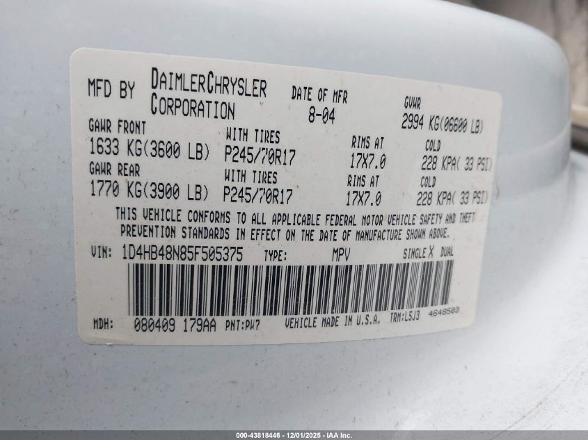 2005 Dodge Durango Slt VIN: 1D4HB48N85F505375 Lot: 43818446