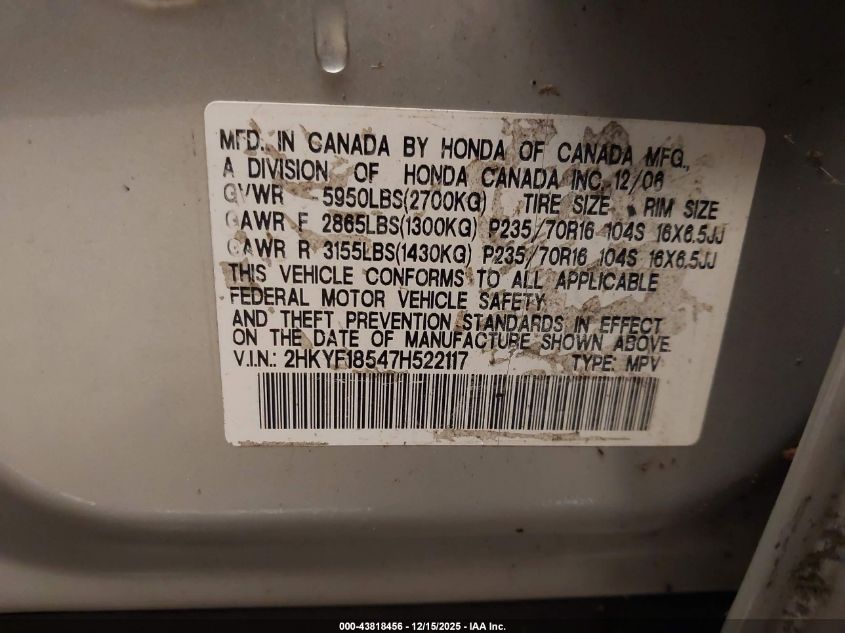 2007 Honda Pilot Ex-L VIN: 2HKYF18547H522117 Lot: 43818456