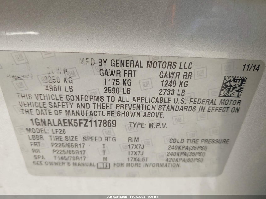 2015 Chevrolet Equinox Ls VIN: 1GNALAEK5FZ117869 Lot: 43818465