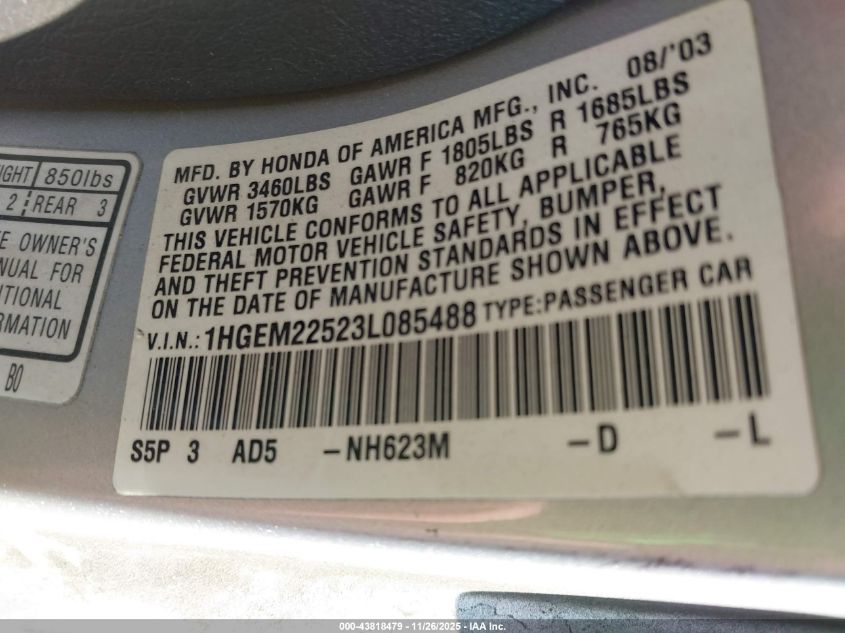 2003 Honda Civic Lx VIN: 1HGEM22523L085488 Lot: 43818479