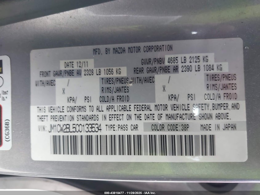 2012 Mazda Mazda5 Sport VIN: JM1CW2BL5C0133534 Lot: 43818477