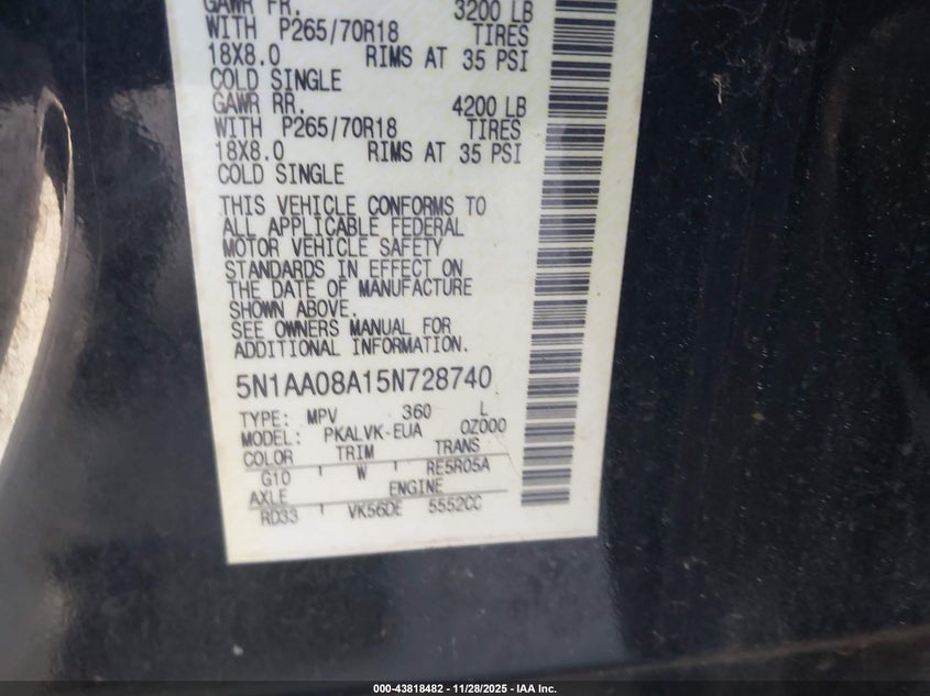 2005 Nissan Armada Le VIN: 5N1AA08A15N728740 Lot: 43818482