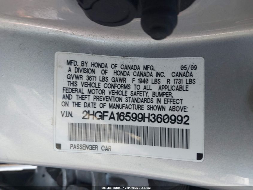 2009 Honda Civic Lx VIN: 2HGFA16599H360992 Lot: 43818485