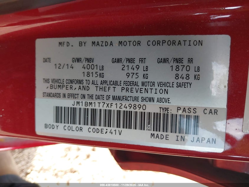 2015 Mazda Mazda3 I Sv VIN: JM1BM1T7XF1249890 Lot: 43818500