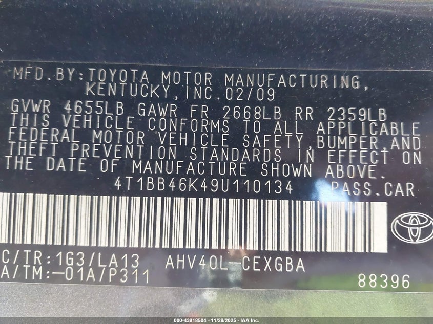 2009 Toyota Camry Hybrid VIN: 4T1BB46K49U110134 Lot: 43818504