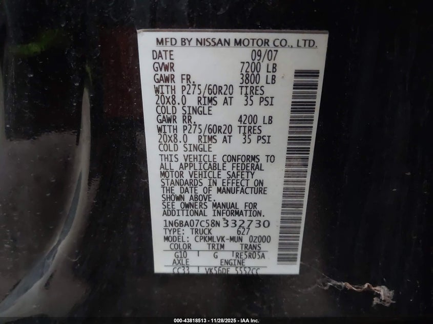 2008 Nissan Titan Le VIN: 1N6BA07C58N332730 Lot: 43818513
