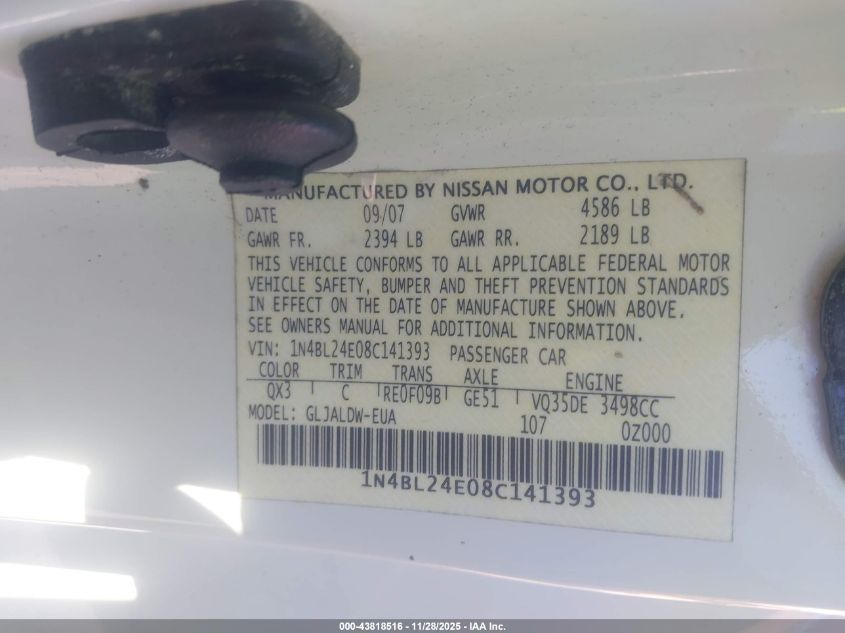 2008 Nissan Altima 3.5 Se VIN: 1N4BL24E08C141393 Lot: 43818516