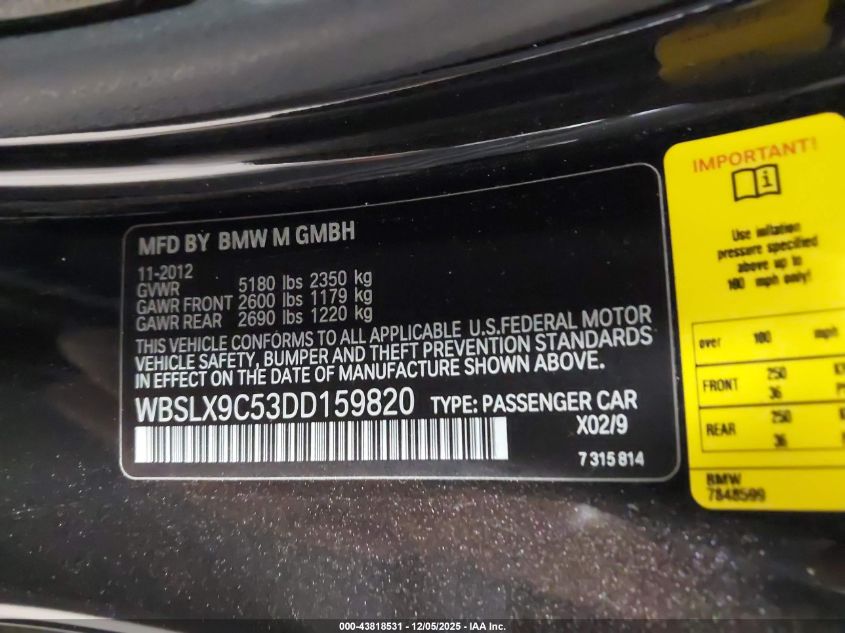 2013 BMW M6 VIN: WBSLX9C53DD159820 Lot: 43818531