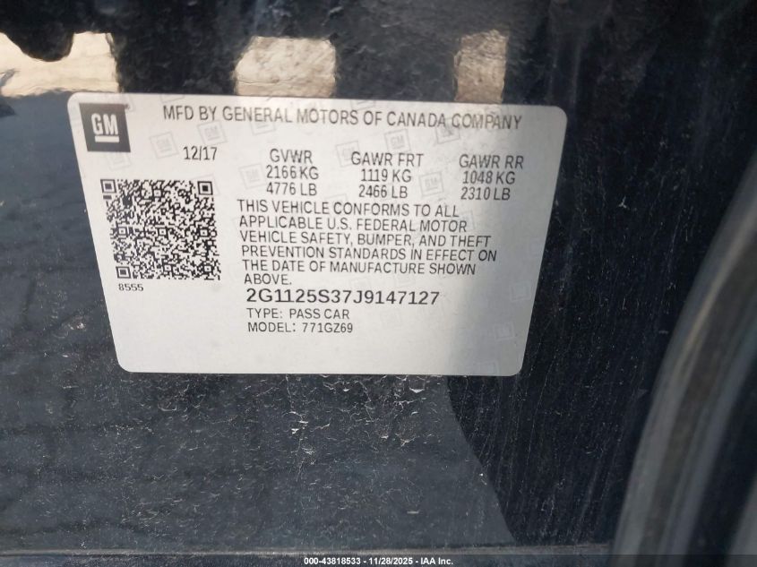 2018 Chevrolet Impala 2Lz VIN: 2G1125S37J9147127 Lot: 43818533