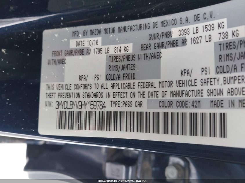 2017 Toyota Yaris Ia VIN: 3MYDLBYV9HY159784 Lot: 43818543